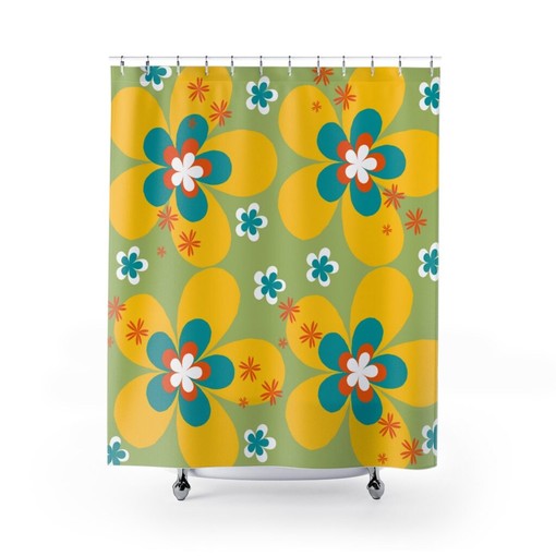 Summer Vibes Flower Power Green, Orange, White, and Teal Retro Mid Mod Groovy Shower Curtain for a Fun Bathroom