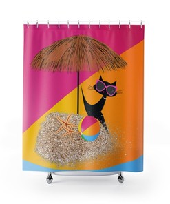 Summer Vibes Retro Mid Mod Shower Curtain with Tiki Umbrella and Beach Ball