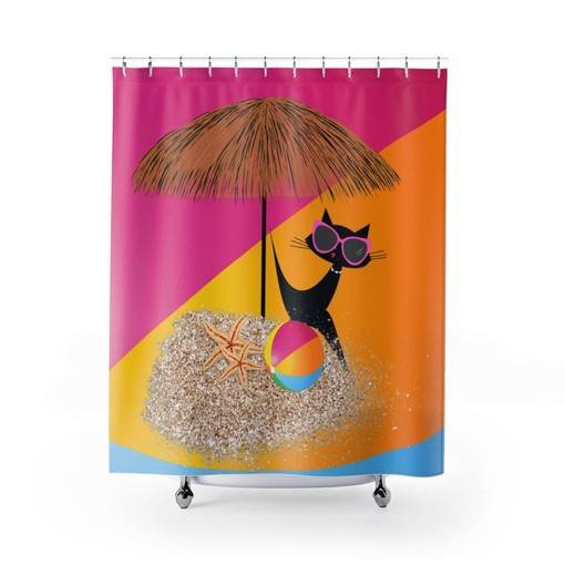 Summer Vibes Retro Mid Mod Shower Curtain with Tiki Umbrella and Beach Ball