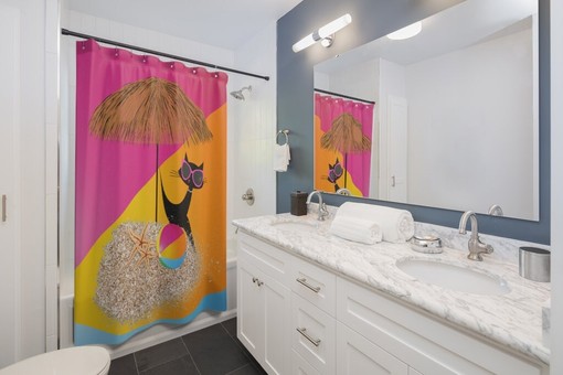 Summer Vibes Retro Mid Mod Shower Curtain with Tiki Umbrella and Beach Ball - Image 2