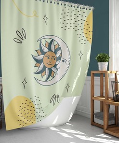 Sun Moon Celestial Pattern Bohemian Shower Curtain and Mat, Vintage Retro Bathroom Decor