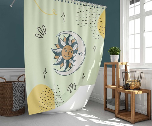 Sun Moon Celestial Pattern Bohemian Shower Curtain and Mat, Vintage Retro Bathroom Decor