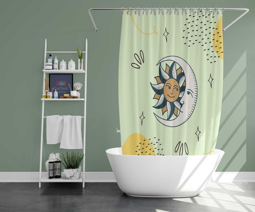 Sun Moon Celestial Pattern Bohemian Shower Curtain and Mat, Vintage Retro Bathroom Decor - Image 2