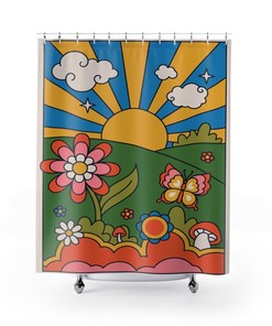 Sunburst Boho Shower Curtains, Groovy 60's 70's Hippie Bathroom Accessory with Retro Vibes