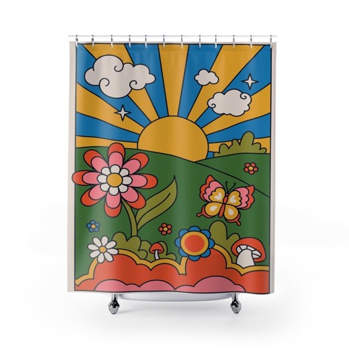 Sunburst Boho Shower Curtains, Groovy 60's 70's Hippie Bathroom Accessory with Retro Vibes