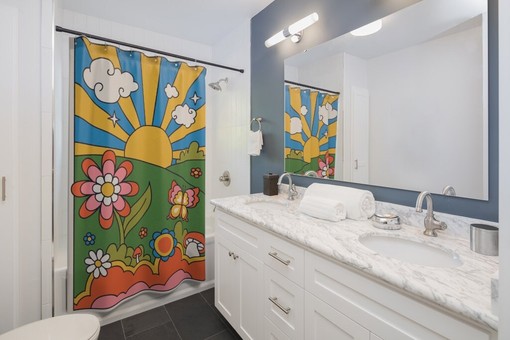 Sunburst Boho Shower Curtains, Groovy 60's 70's Hippie Bathroom Accessory with Retro Vibes - Image 2