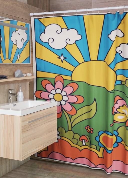 Sunburst Boho Shower Curtains, Groovy 60's 70's Hippie Bathroom Accessory with Retro Vibes - Image 3