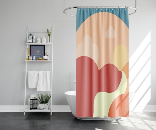 Sunny Summer Day Fabric Colorful and Geometric Landscape Boho Shower Curtain - Image 2