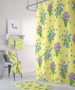 Sunny Yellow Floral Shower Curtain Set - Bright Bath Set with Matching Mat and Towels for Colorful Bathroom Decor