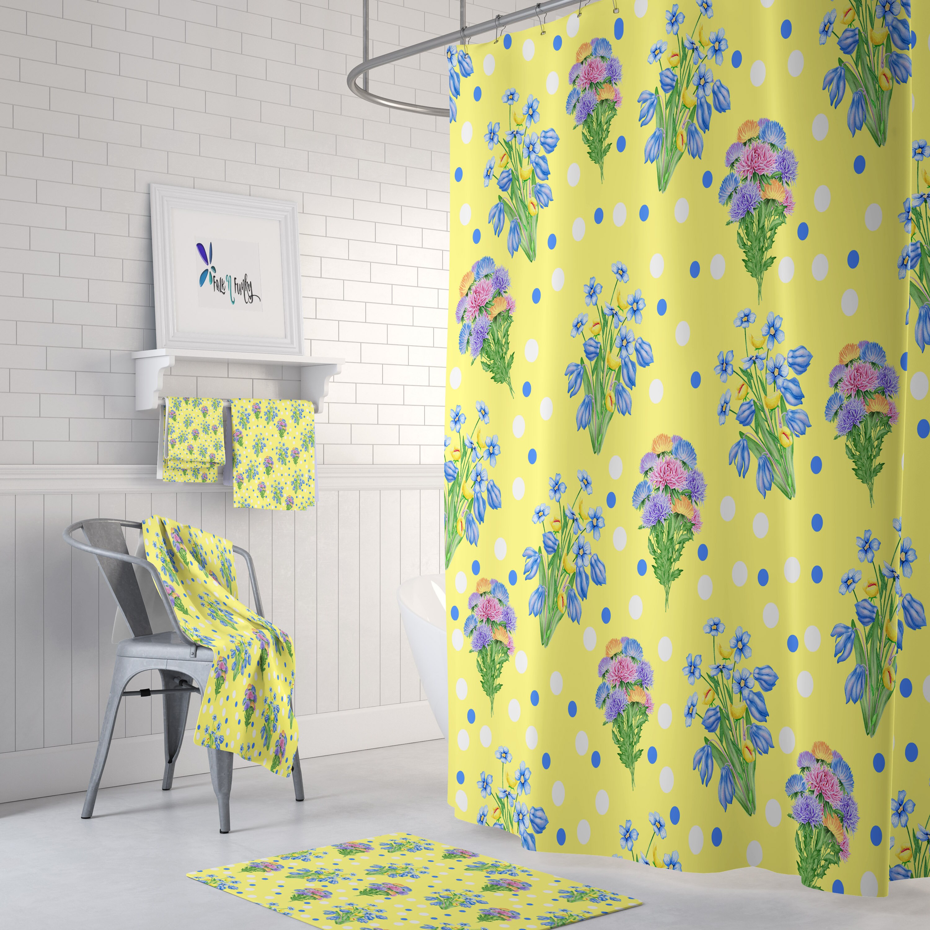 Sunny Yellow Floral Shower Curtain Set - Bright Bath Set with Matching Mat and Towels for Colorful Bathroom Decor