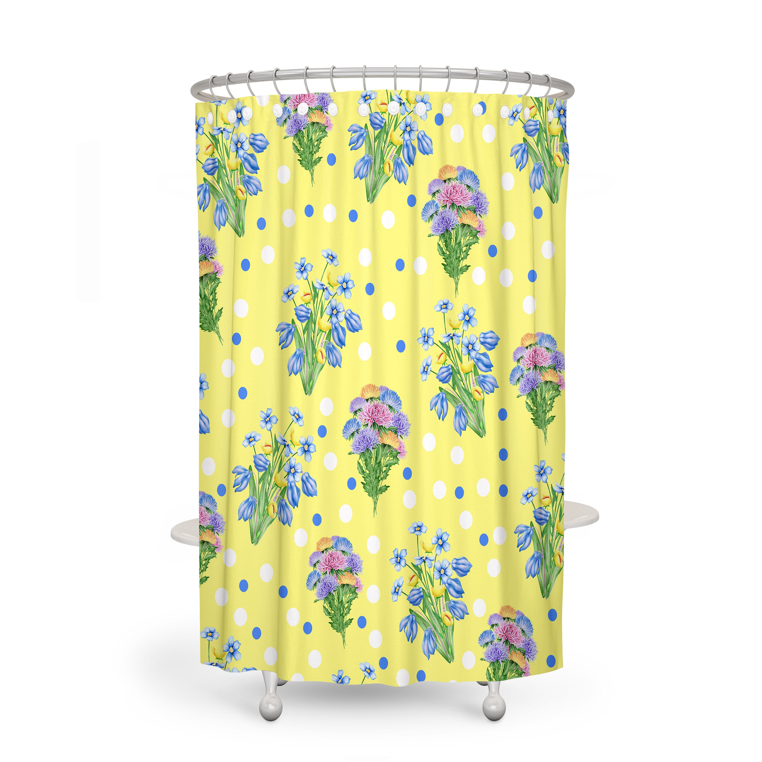 Sunny Yellow Floral Shower Curtain Set - Bright Bath Set with Matching Mat and Towels for Colorful Bathroom Decor - Image 2
