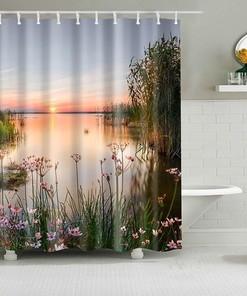 Sunrise Lake Scenery Shower Curtain | Morning Landscape Print | Bathroom Accessories
