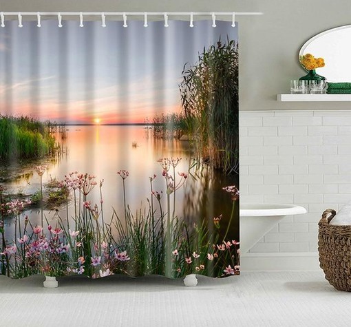 Sunrise Lake Scenery Shower Curtain | Morning Landscape Print | Bathroom Accessories