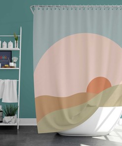 Sunrise Minimalist Boho Landscape Shower Curtain, Retro Bathroom Decor, Unique Tub Accessory
