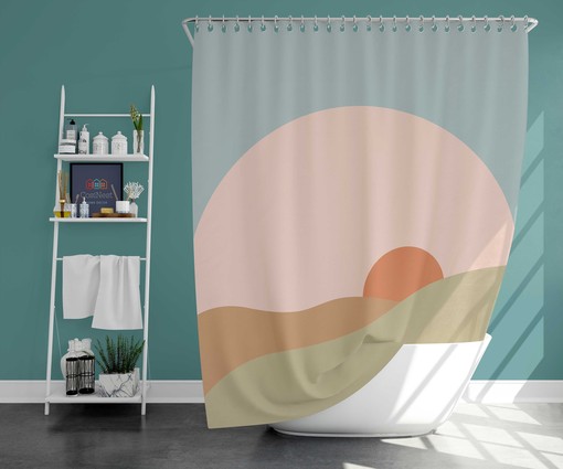 Sunrise Minimalist Boho Landscape Shower Curtain, Retro Bathroom Decor, Unique Tub Accessory