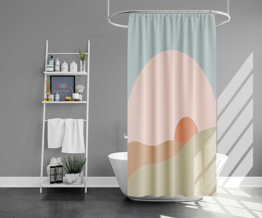 Sunrise Minimalist Boho Landscape Shower Curtain, Retro Bathroom Decor, Unique Tub Accessory - Image 2