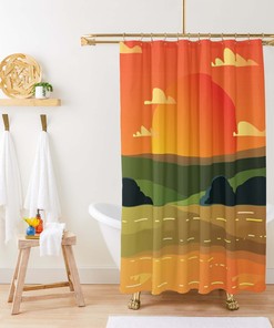 Sunset Valley Scenic Landscape Shower Curtain | Nature Pattern Fabric Bathroom Curtain and Mat