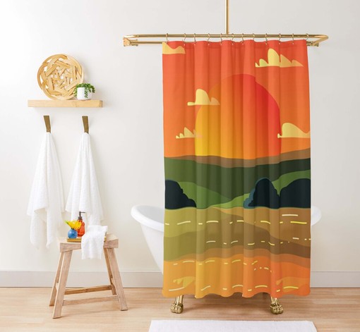Sunset Valley Scenic Landscape Shower Curtain | Nature Pattern Fabric Bathroom Curtain and Mat