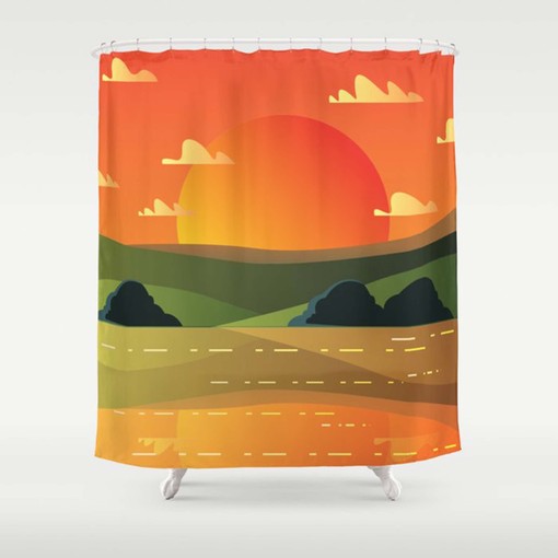 Sunset Valley Scenic Landscape Shower Curtain | Nature Pattern Fabric Bathroom Curtain and Mat - Image 2