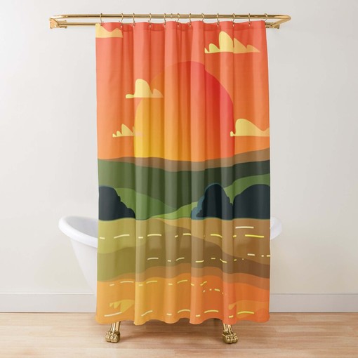 Sunset Valley Scenic Landscape Shower Curtain | Nature Pattern Fabric Bathroom Curtain and Mat - Image 3