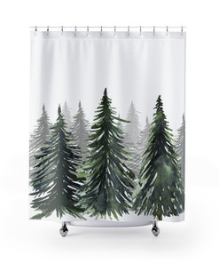 Sunset Woods and Pine Trees Green Forest Print Shower Curtain for Cabin Home Bath Decor