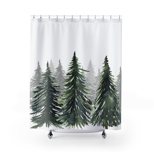 Sunset Woods and Pine Trees Green Forest Print Shower Curtain for Cabin Home Bath Decor