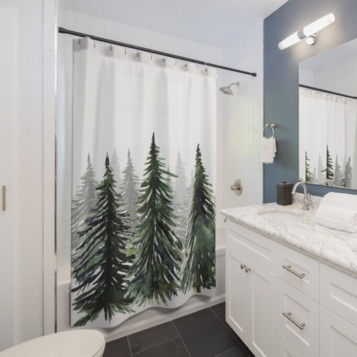 Sunset Woods and Pine Trees Green Forest Print Shower Curtain for Cabin Home Bath Decor - Image 2