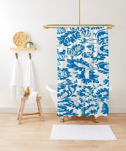 Sustainable Vintage Disney Blue Floral Shower Curtain - Elegant Boho Art Decor with Hooks Included