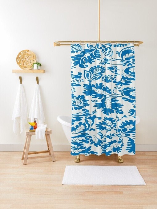 Sustainable Vintage Disney Blue Floral Shower Curtain - Elegant Boho Art Decor with Hooks Included