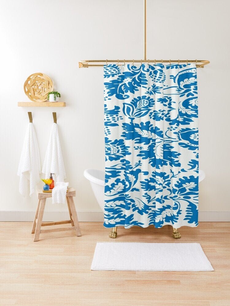 Sustainable Vintage Disney Blue Floral Shower Curtain - Elegant Boho Art Decor with Hooks Included