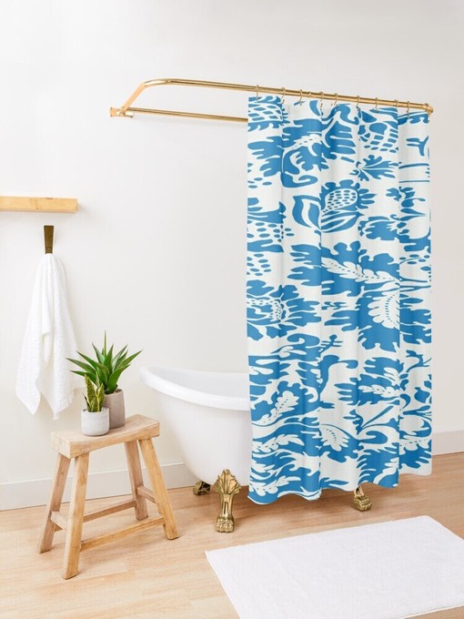 Sustainable Vintage Disney Blue Floral Shower Curtain - Elegant Boho Art Decor with Hooks Included - Image 2