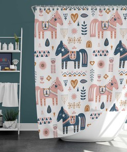 Swedish Forest Horses Vintage Bathroom Shower Curtain | Dala Horse Nordic Animal Home Bath Decor