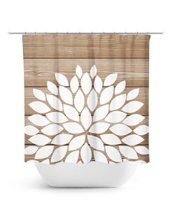 Tan and White Flower Shower Curtain - Stylish Bathtub Curtain for Girls with Farmhouse Vibe