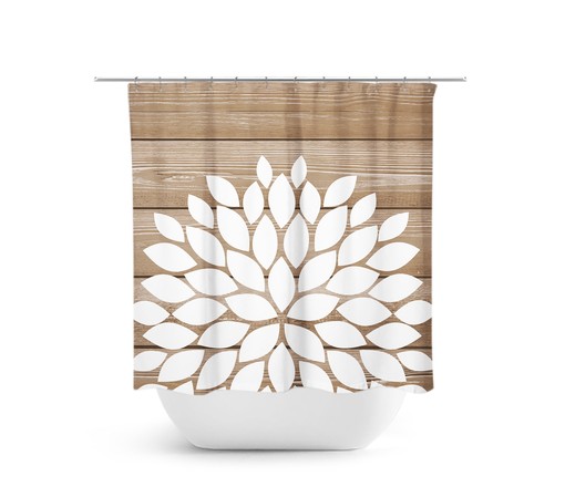 Tan and White Flower Shower Curtain - Stylish Bathtub Curtain for Girls with Farmhouse Vibe