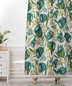 Teal Botanical Boho Shower Curtain, Vintage-Inspired Bathroom Decor, Fabric Bath Curtain