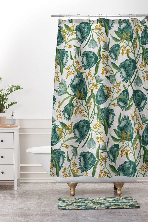 Teal Botanical Boho Shower Curtain, Vintage-Inspired Bathroom Decor, Fabric Bath Curtain