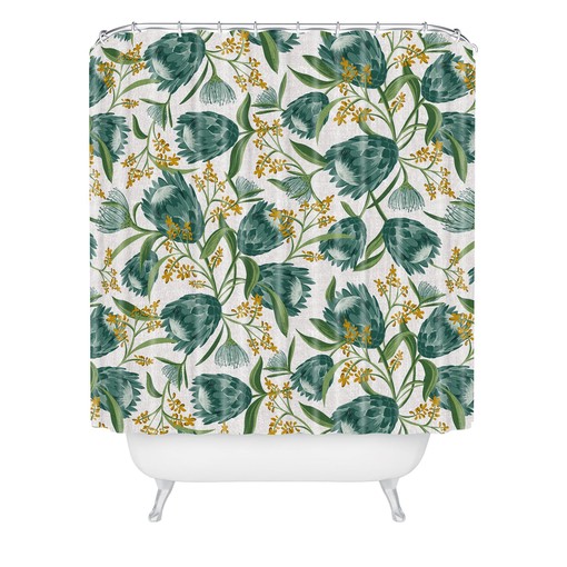 Teal Botanical Boho Shower Curtain, Vintage-Inspired Bathroom Decor, Fabric Bath Curtain - Image 2