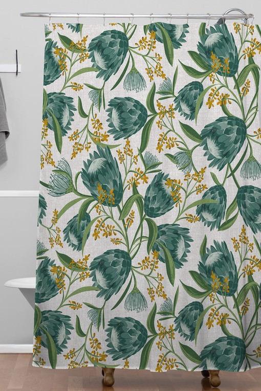 Teal Botanical Boho Shower Curtain, Vintage-Inspired Bathroom Decor, Fabric Bath Curtain - Image 3