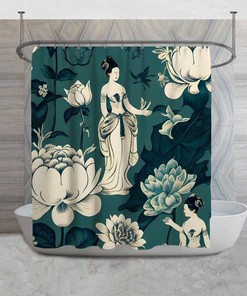 Teal Green Oriental Shower Curtain with Exotic Floral Decor for Your Bathroom