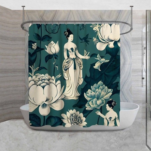 Teal Green Oriental Shower Curtain with Exotic Floral Decor for Your Bathroom