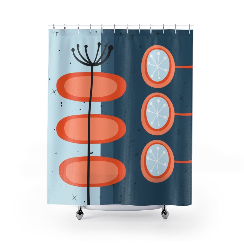 Teal Mid Century Modern Shower Curtain | Vintage Bathroom Decor 1960s Style | Guest Bathroom Decor
