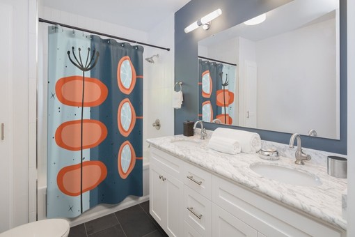 Teal Mid Century Modern Shower Curtain | Vintage Bathroom Decor 1960s Style | Guest Bathroom Decor - Image 2