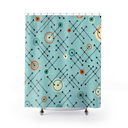 Teal Mid Century Modern Shower Curtain | Vintage Bathroom Decor 1960s Style | Unique Print Shower Curtain