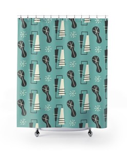 Teal Mid Century Modern Shower Curtain, Vintage Retro Rustic Bathroom Decor