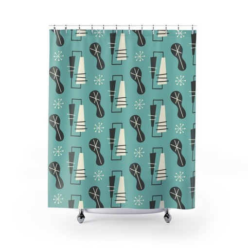 Teal Mid Century Modern Shower Curtain, Vintage Retro Rustic Bathroom Decor