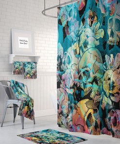 Teal Sugar Skull Shower Curtain with Floral Bath Accessories for Gothic Bathroom Decor
