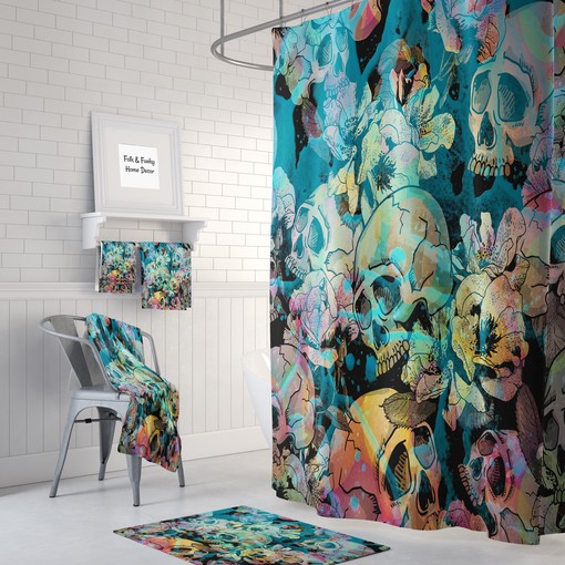 Teal Sugar Skull Shower Curtain with Floral Bath Accessories for Gothic Bathroom Decor