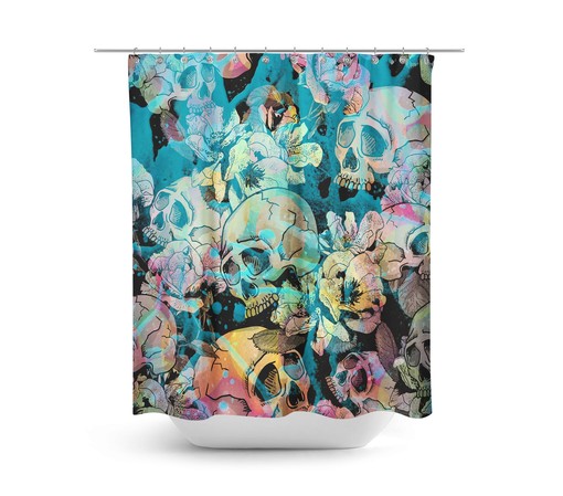 Teal Sugar Skull Shower Curtain with Floral Bath Accessories for Gothic Bathroom Decor - Image 2