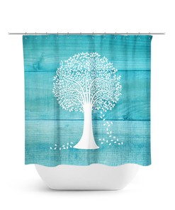 Teal Tree Shower Curtain - Country Bathroom Decor with Aqua and White Farmhouse Bath Curtain