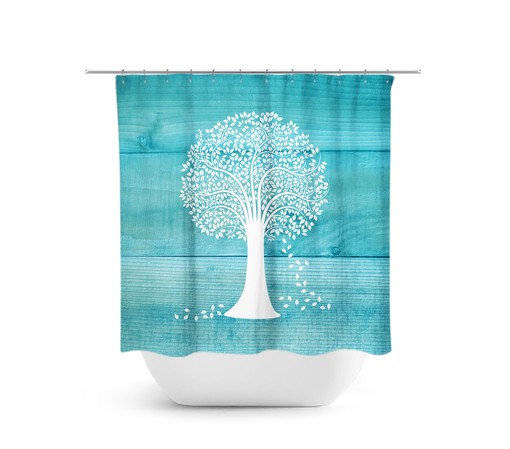 Teal Tree Shower Curtain - Country Bathroom Decor with Aqua and White Farmhouse Bath Curtain
